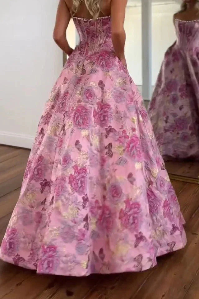 Cute A Line Scoop Neck Jacquard Satin Prom Dress with Pearls LD25122903