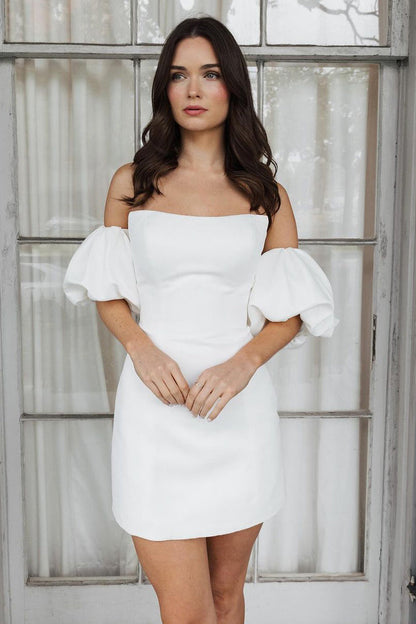 Short White Satin Wedding Dress with Strapless Off-the-Shoulder Design