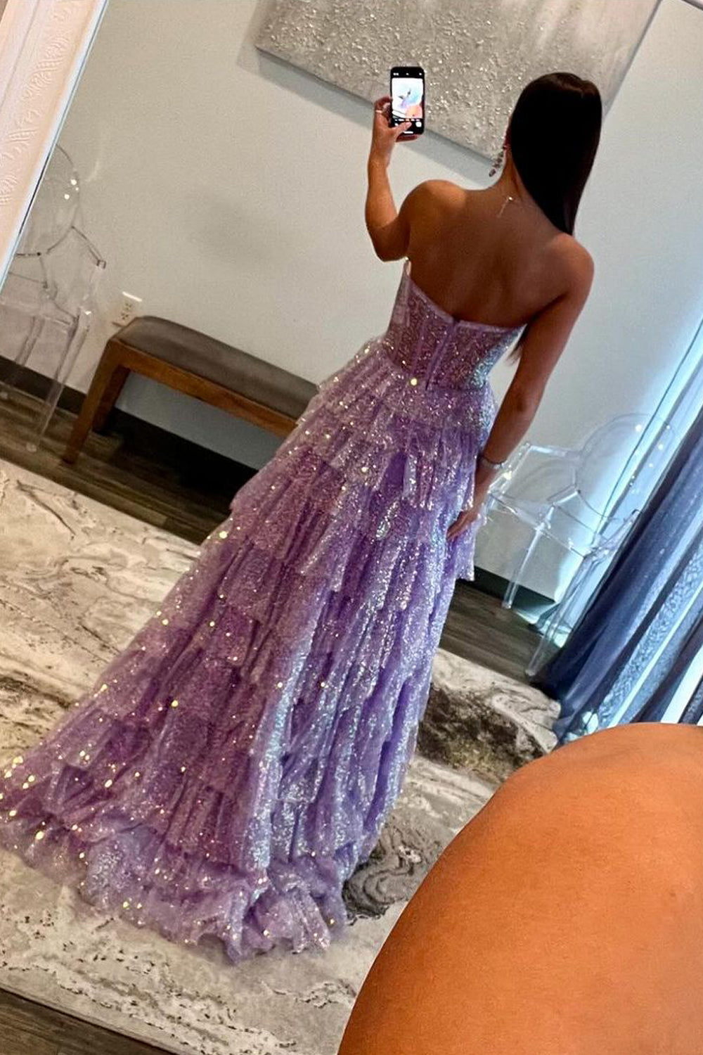 Sparkly Ball Gown Sweetheart Lavender Sequins Long Prom Dresses with Slit AB24090610-2