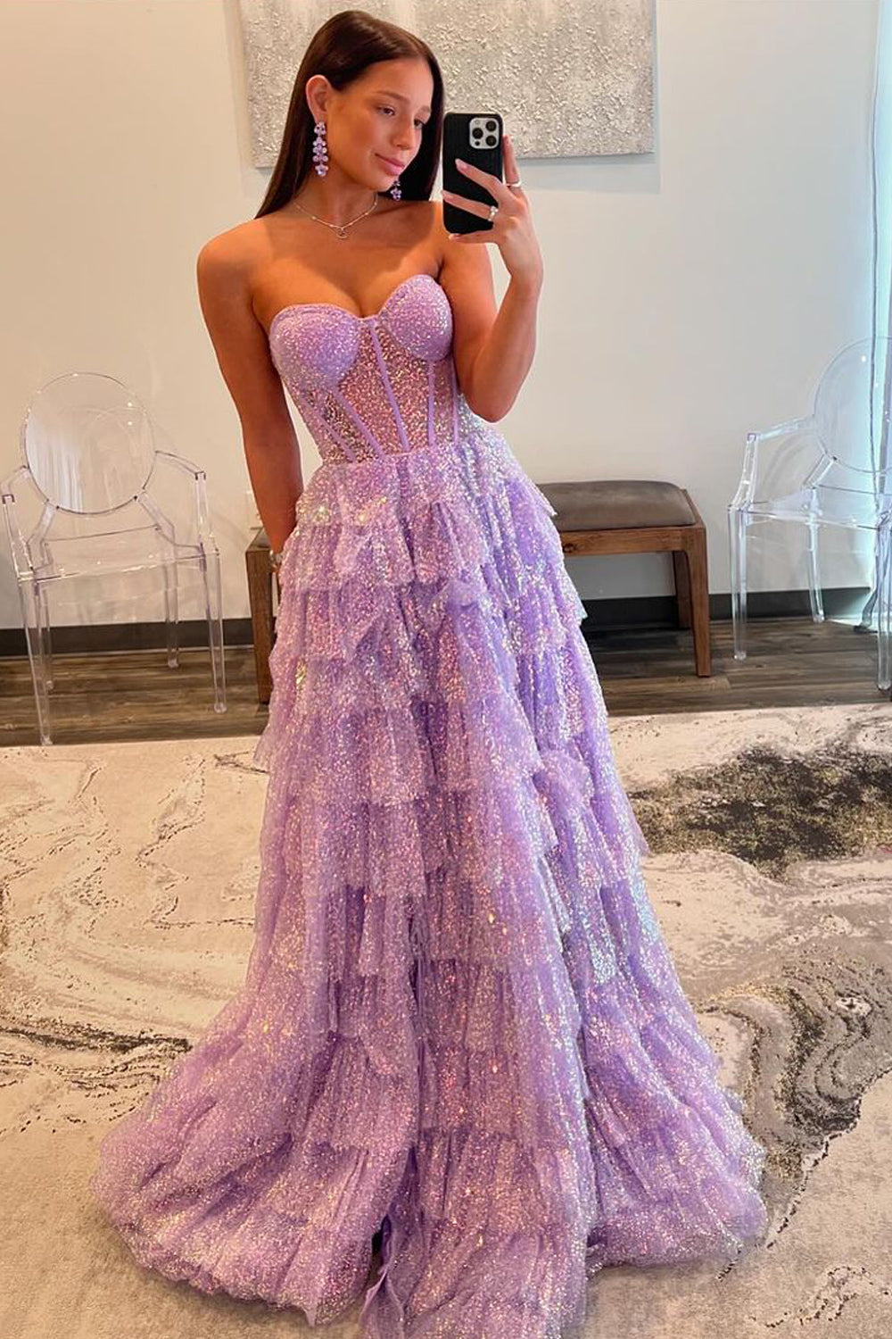 Sparkly Ball Gown Sweetheart Lavender Sequins Long Prom Dresses with Slit AB24090610-4