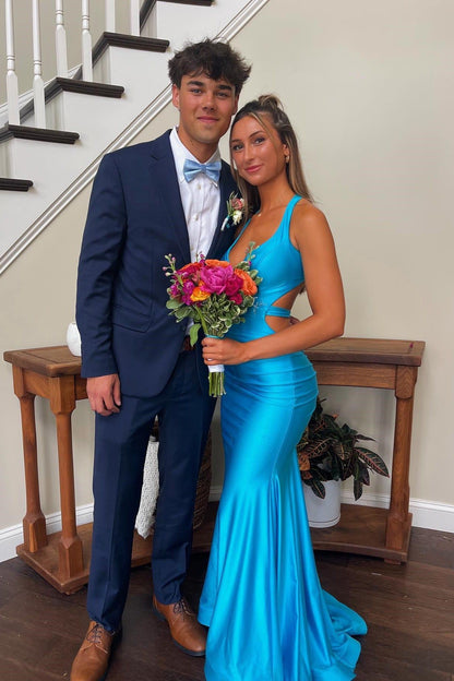 V Neck Aqua open back prom dress ruched mermaid dress-1