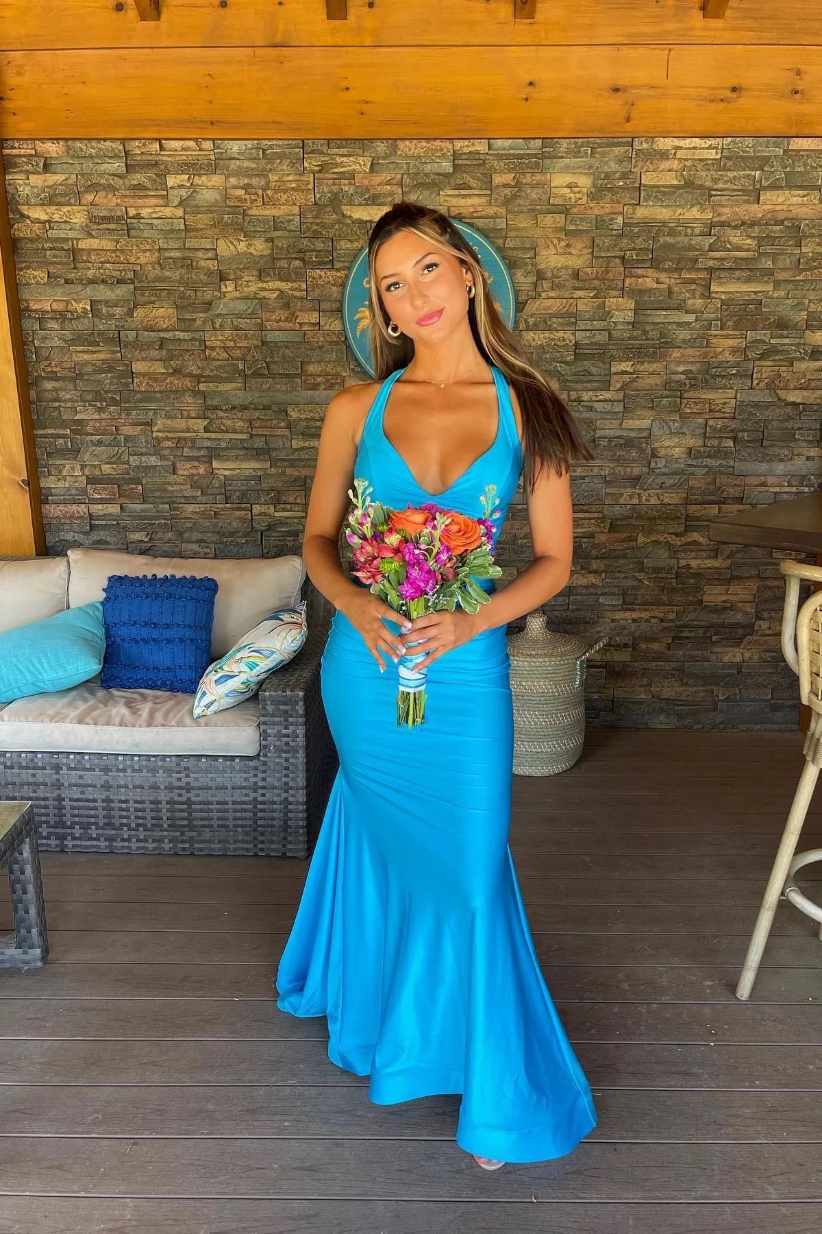 V Neck Aqua open back prom dress ruched mermaid dress-2