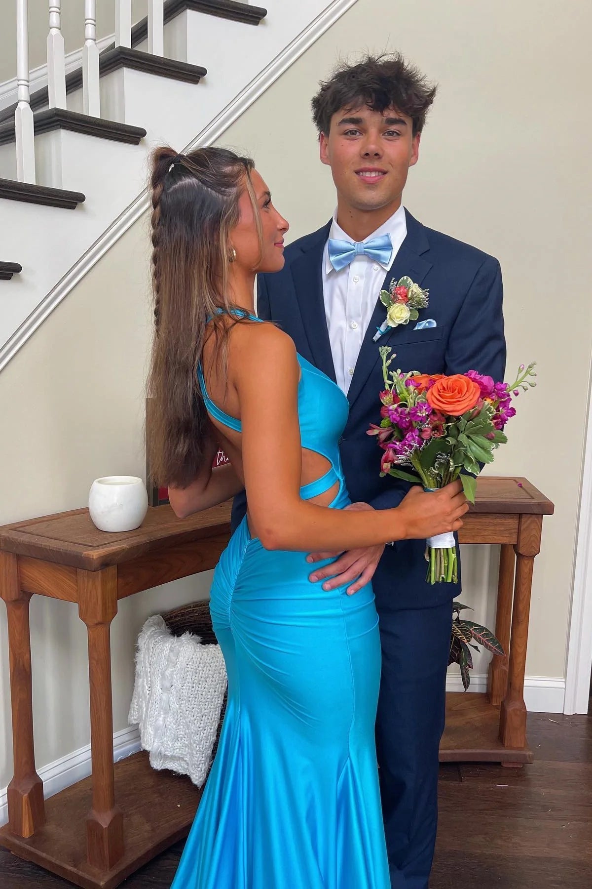 V Neck Aqua open back prom dress ruched mermaid dress-4