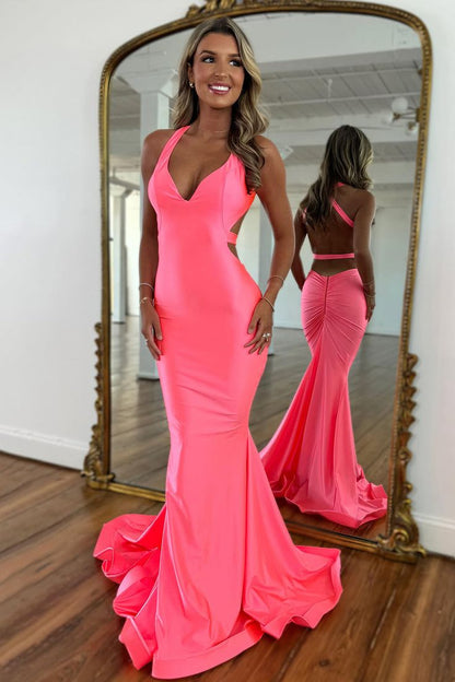 V Neck coral open back prom dress ruched mermaid dress (2)