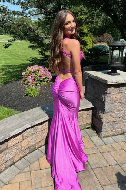 V Neck open back prom dress ruched mermaid dress-2