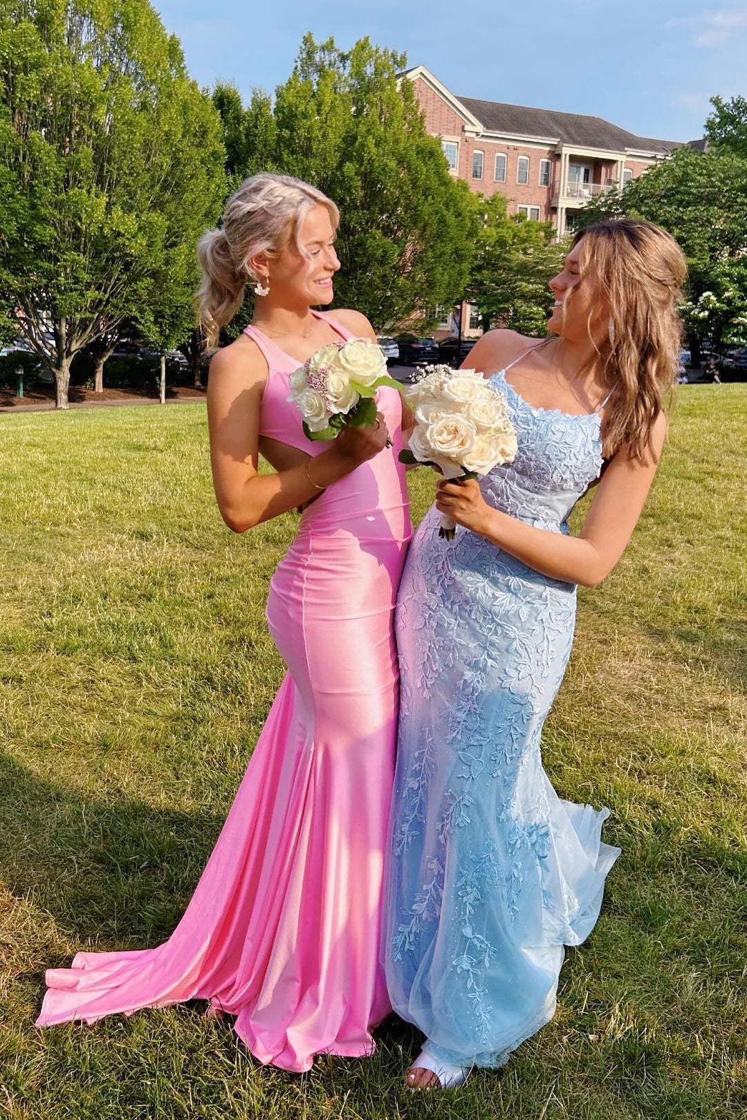V Neck pink open back prom dress ruched mermaid dress (3)
