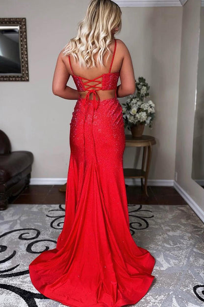 Emelia | Beaded Spaghetti Strap Satin Mermaid Prom Dress with Slit