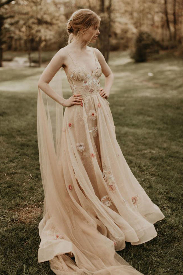 A-Line V-Neck Tulle Wedding Dress with 3D Floral Details for Forest Weddings