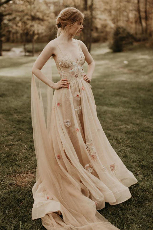 A-Line V-Neck Tulle Wedding Dress with 3D Floral Details for Forest Weddings