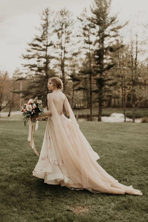 A-Line V-Neck Tulle Wedding Dress with 3D Floral Details for Forest Weddings