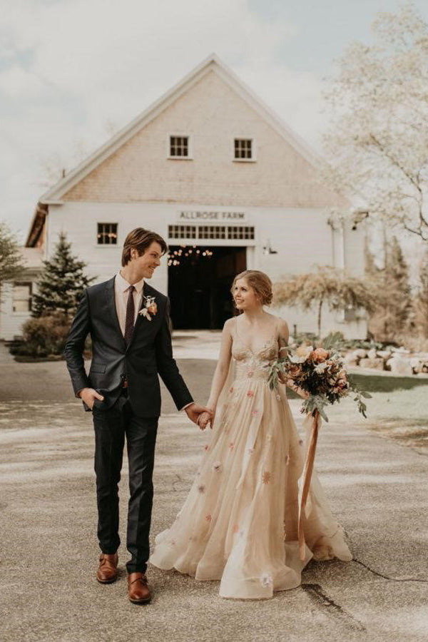 A-Line V-Neck Tulle Wedding Dress with 3D Floral Details for Forest Weddings