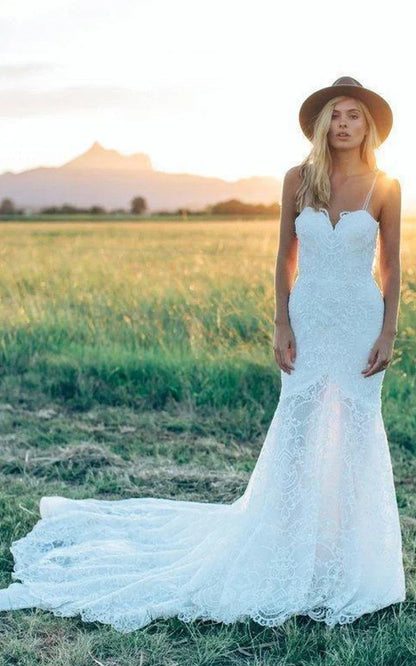 Bohemian Full Lace Mermaid Bridal Gown with Low V Back for Beach and Garden Weddings