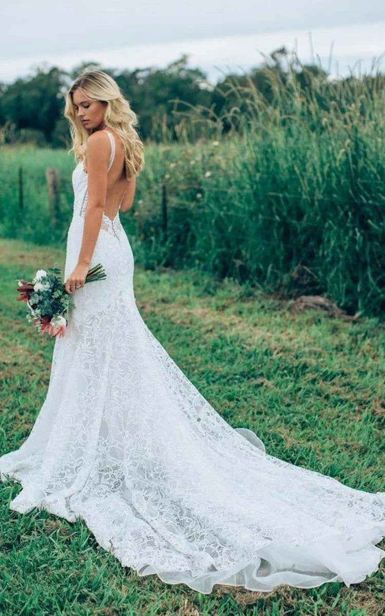 Bohemian Full Lace Mermaid Bridal Gown with Low V Back for Beach and Garden Weddings