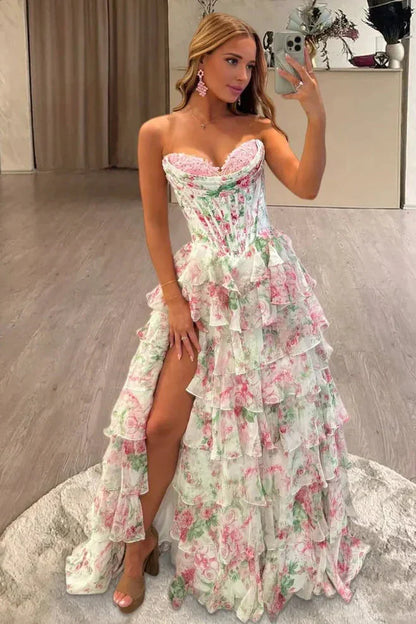 Cute A Line Sweetheart Pink Floral Chiffon Tiered Prom Dress LD011509