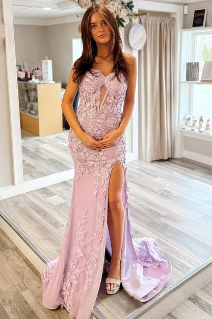 Stunning Mermaid Strapless Sweetheart Lilac Lace Appliques Long Prom Dresses with Slit LD16012402