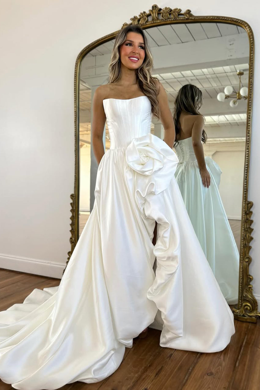 A-Line Strapless Red Satin Prom Dresses with Handmade Flower LD16012707
