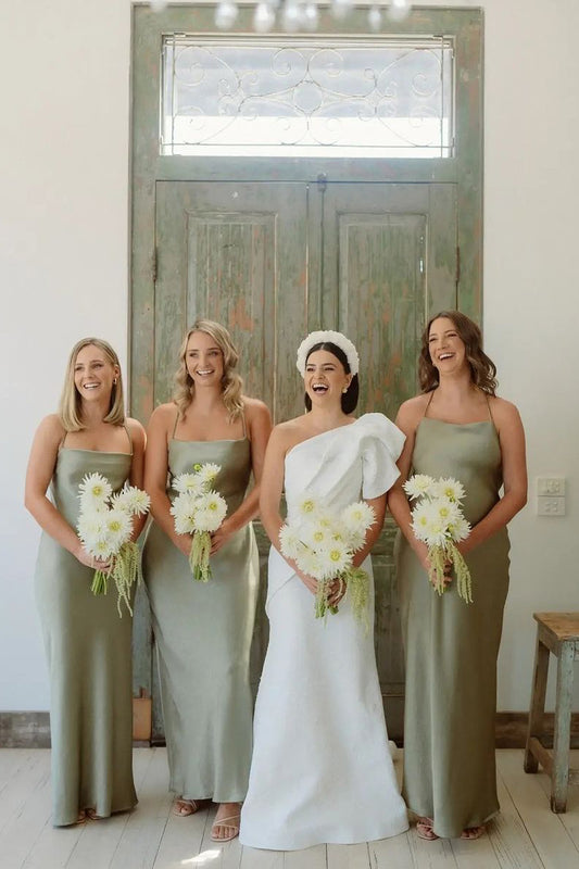 Sheath Straps Silk Satin Sage Green Long Bridesmaid Dress LD070801