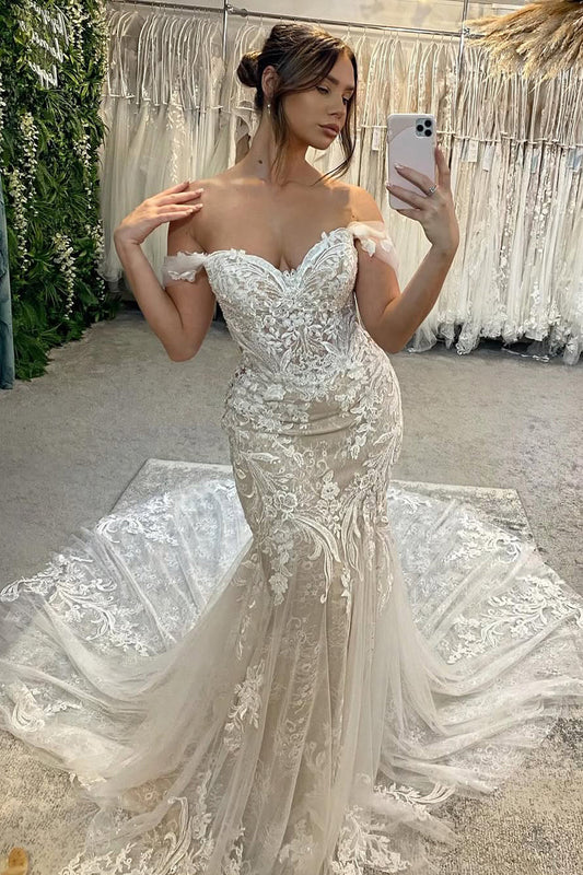 Lace and Tulle Mermaid Wedding Dress with Off-the-Shoulder Design and Appliques