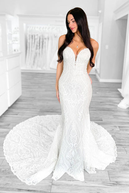 Strapless White Lace Mermaid Wedding Dress