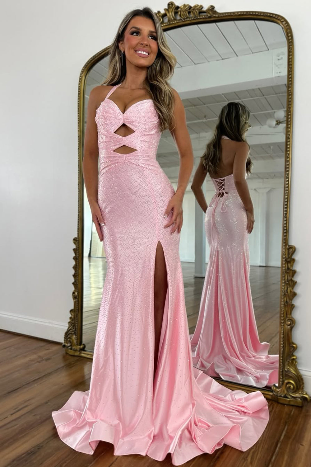 Pink Mermaid Halter Keyholes Beaded Long Prom Dresses with Slit LD26012903