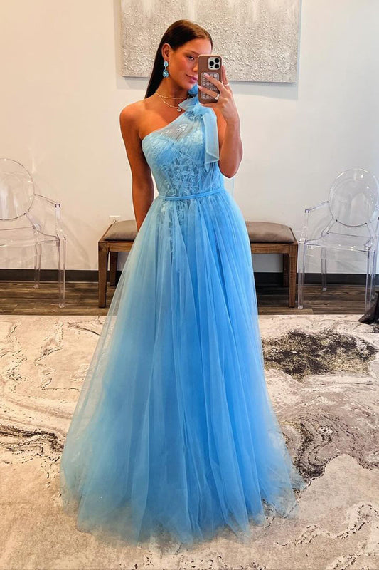 Charming A Line One Shouledr Blue Tulle Long Prom Dress with Appliques LD062556