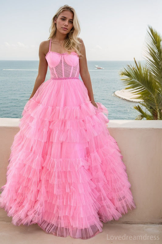 Elegant A-Line Lllusion Tulle Prom Dress with Tiered lD102414