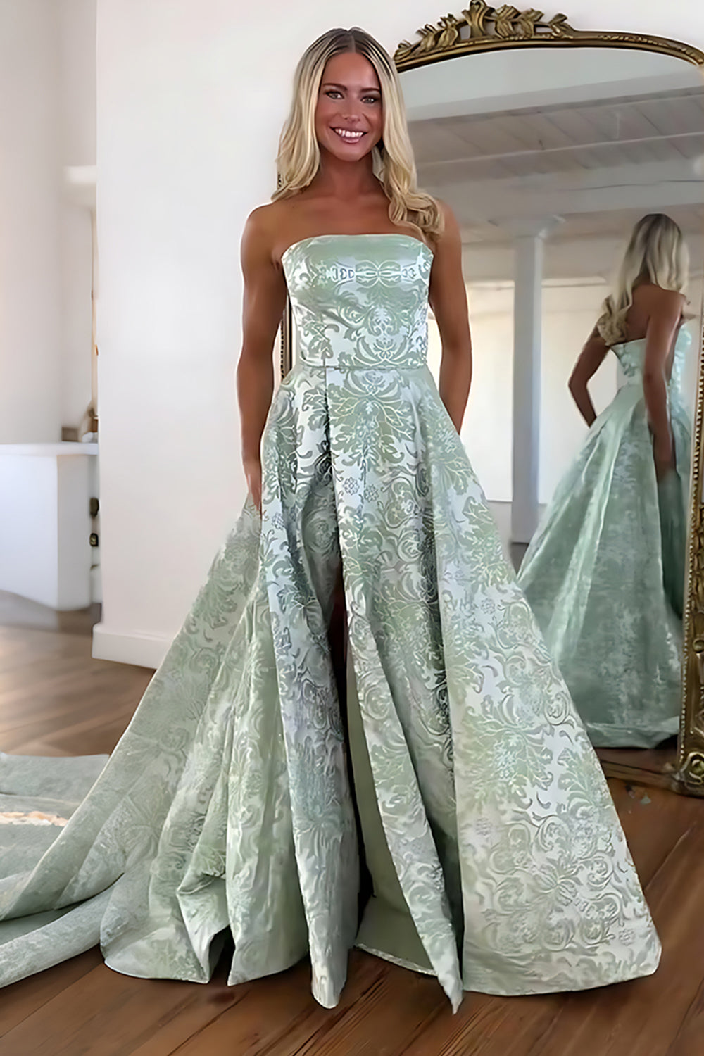 Pretty A-Line Strapless Jacquard Satin Pink Long Prom Dresses LD26011902