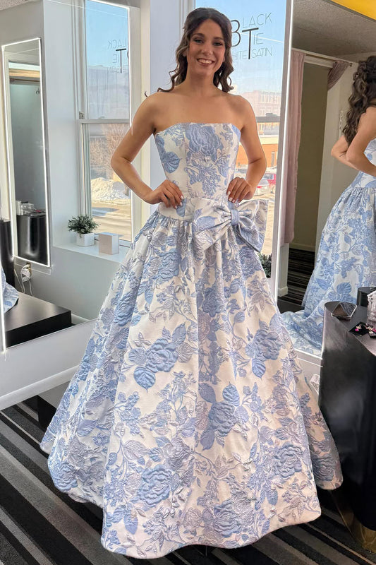 Gorgeous Ball Gown Strapless Jacquard Satin Prom Dress with Bow LD16122906