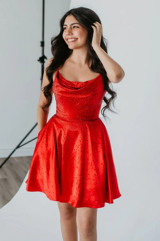 Red Cowl Neck Satin Short Homecoming Dresses with Pockets LD072202