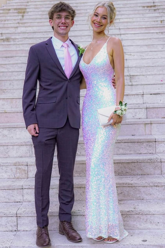 Sparkly Mermaid Spaghetti Straps V Neck Silver Sequins Prom Dresses LD16011506