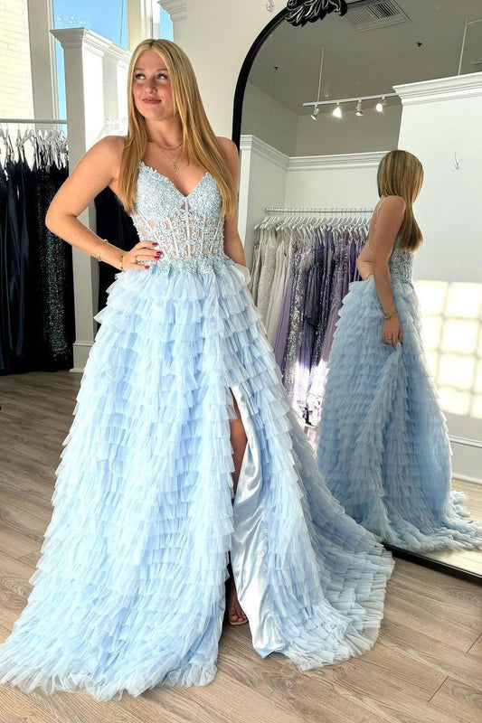 Cute A Line V Neck Light Blue Tiered Tulle Long Prom Dresses LD062562