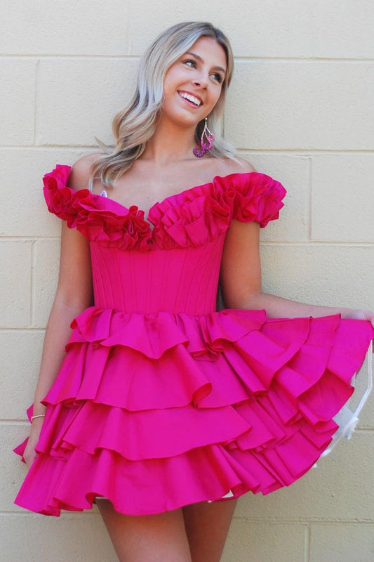 Cute A Line Off the Shoulder Ruffle Tiered Hot Pink Homecoming Dresses LD0625106