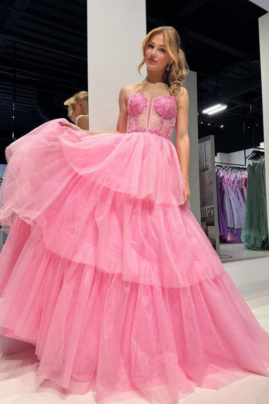 Cute A Line Sweetheart Tiered Tulle Pink Prom Dresses with Appliques LD062580