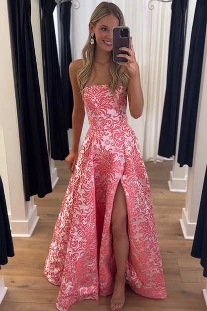 Pretty A-Line Strapless Jacquard Satin Pink Long Prom Dresses LD26011902