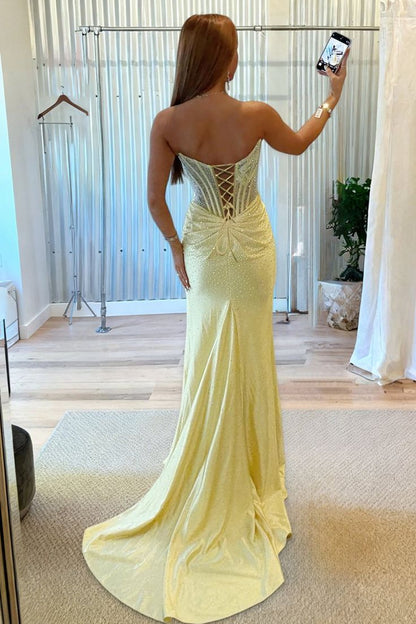 Cute Mermaid Scoop Neck Daffodil Hot Fix Satin Prom Dress with Slit LD25122805