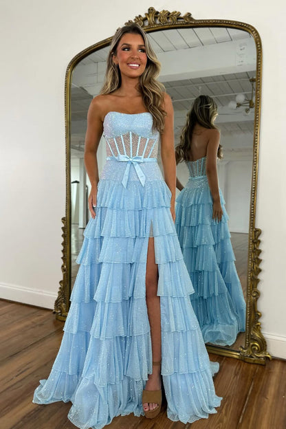 A-Line Strapless Lilac Ruffle Tiered Beaded Long Prom Dresses with Slit LD16012709