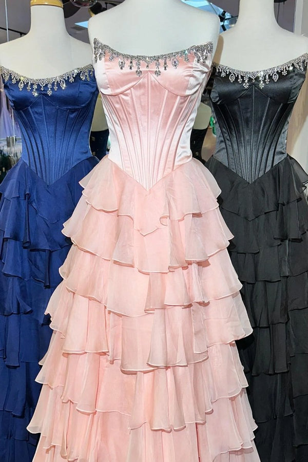 Charming A-Line Strapless Green Chiffon Tiered Long Prom Dresses with Slit  LD16010602