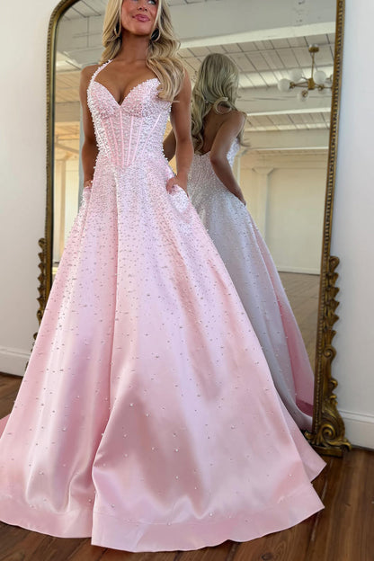 Gorgeous A Line V Neck Pink Long Prom Dress with Beading LD011707