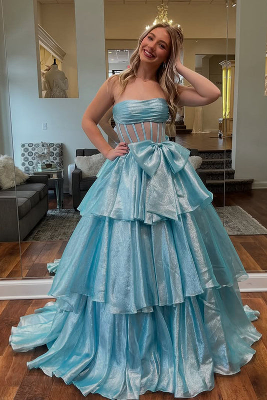 Elegant Strapless Light Blue Organza Ball Gown Prom Dress with Bow