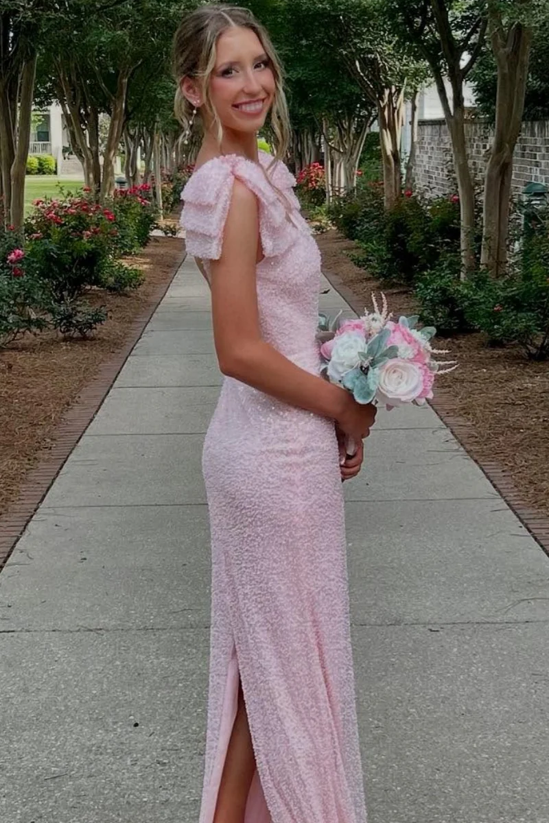 Sparkly Mermaid Sccop Neck with Bow Straps Pink Sequins Prom Dresses LD16011403