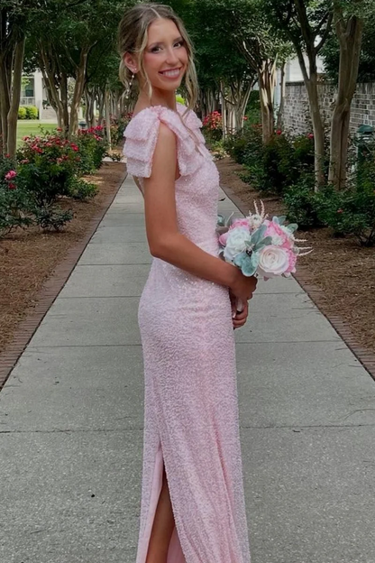 Sparkly Mermaid Sccop Neck with Bow Straps Pink Sequins Prom Dresses LD16011403