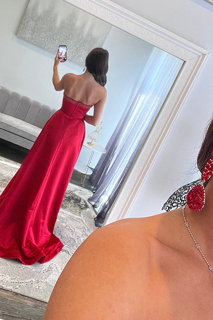 A-Line Sweetheart Keyholes Red Satin Long Prom Dresses with Pockets LD16010503