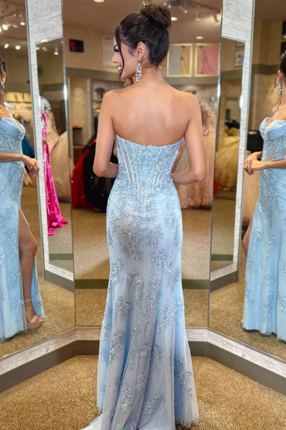 Mermaid Sweetheart Yellow Lace Appliques Long Prom Dresses with Slit LD16011401
