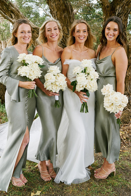 Sheath Cowl Neck Sage Green Silk Satin Long Bridesmaid Dress LD070804