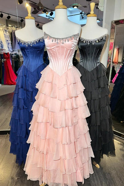 Charming A-Line Strapless Green Chiffon Tiered Long Prom Dresses with Slit  LD16010602