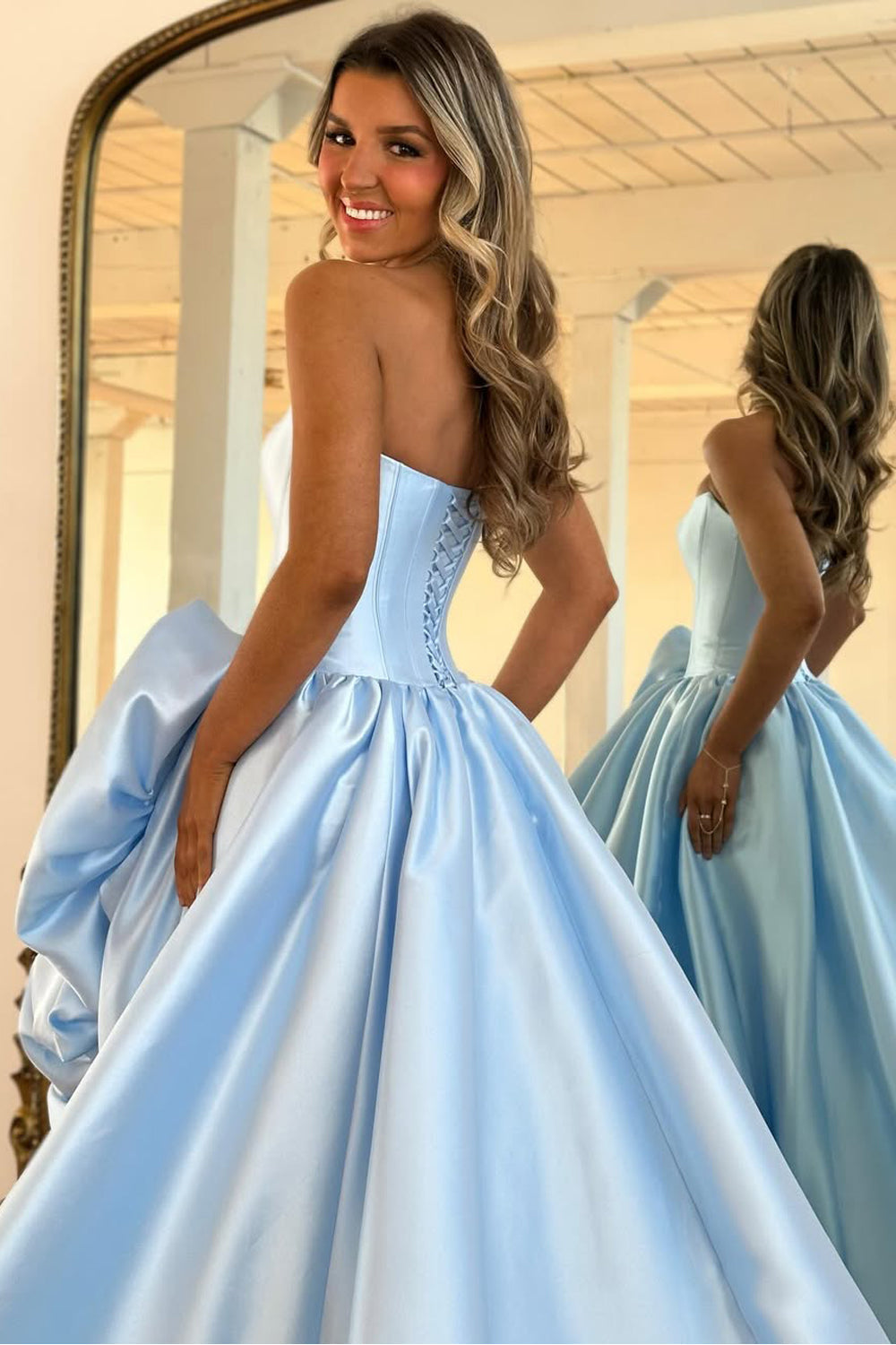 A-Line Strapless Red Satin Prom Dresses with Handmade Flower LD16012707