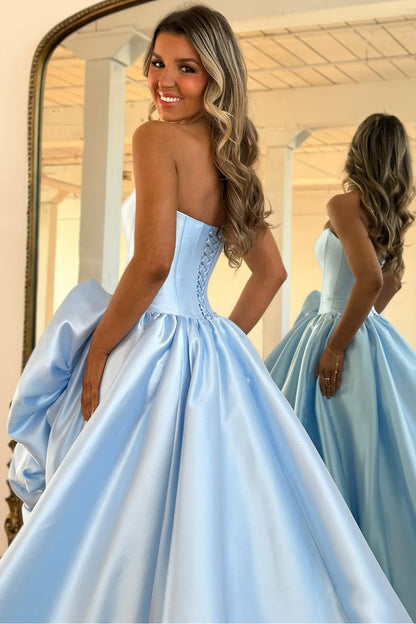 A-Line Strapless Red Satin Prom Dresses with Handmade Flower LD16012707