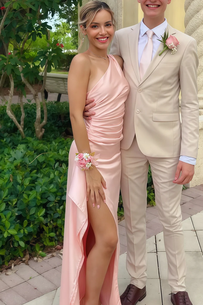 Sage Green One Shoulder Pleats Long Prom Dresses with Slit LD16011109