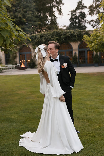 Gorgeous A-Line Deep V-Neck White Satin Bridal Dress with Ruffled Sleeves