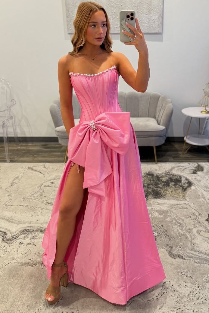 A-Line Strapless Hot Pink Satin Corset Long Prom Dresses with Bow LD16011106